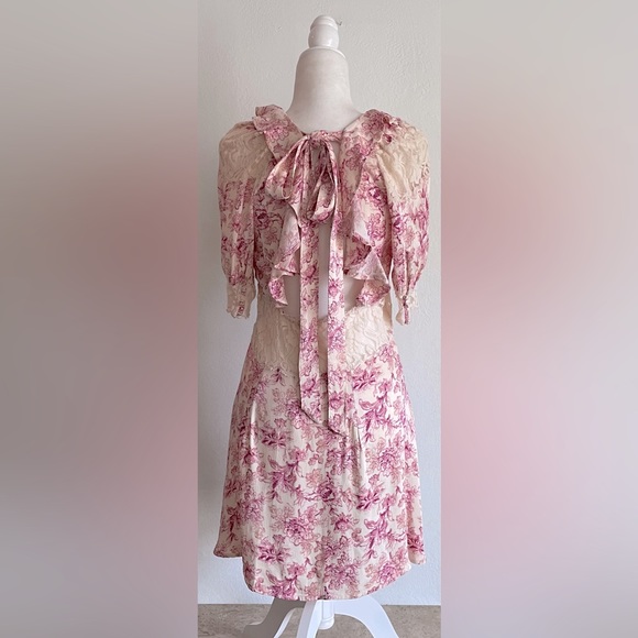 FREE PEOPLE Lucie Mini in Pink Combo Tie Back Dress w/ Lace - Picture 2 of 11